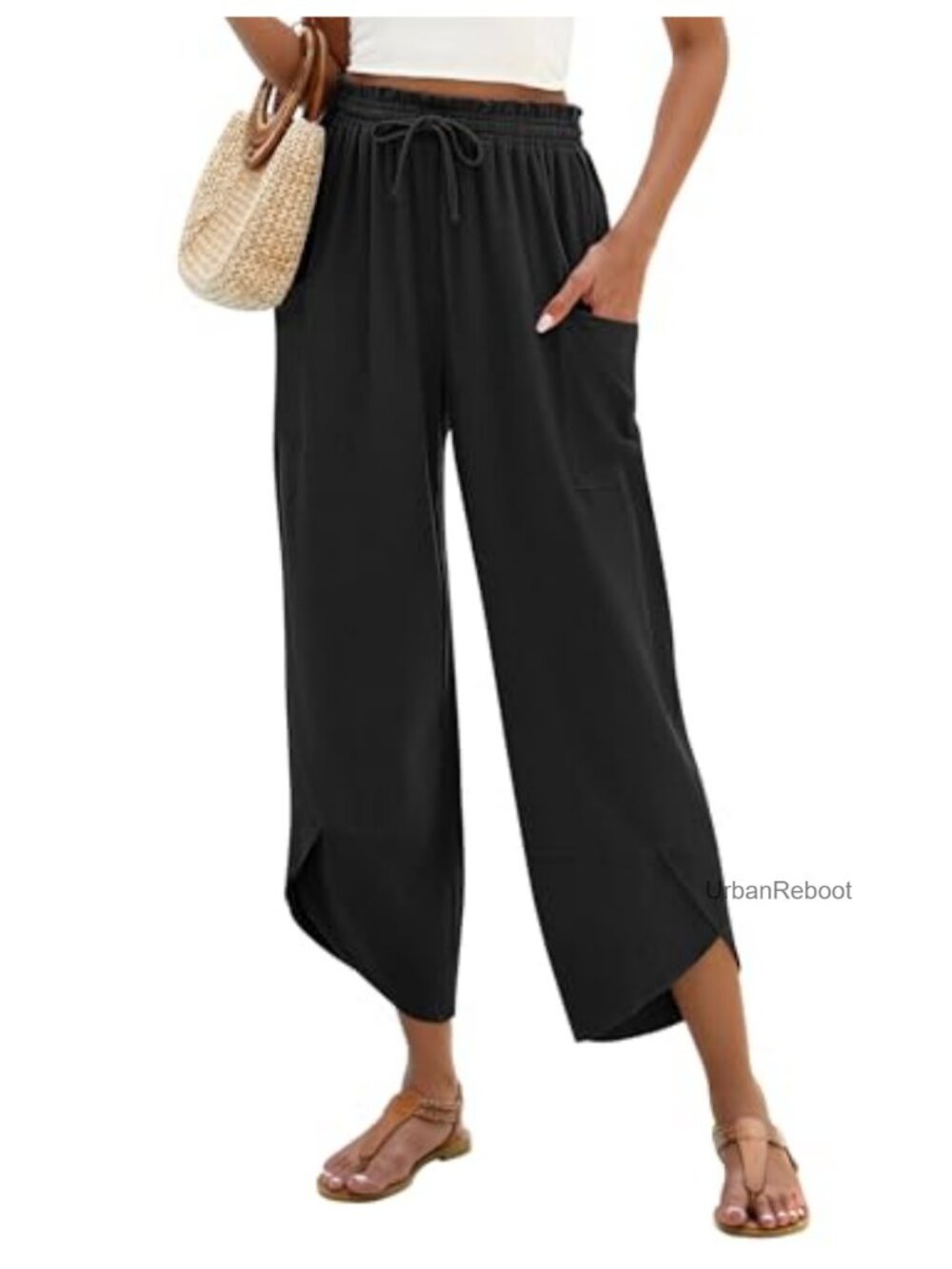Linen Blend Wide Leg Capri Pants Women Flowy Boho Palazzo Drawstring